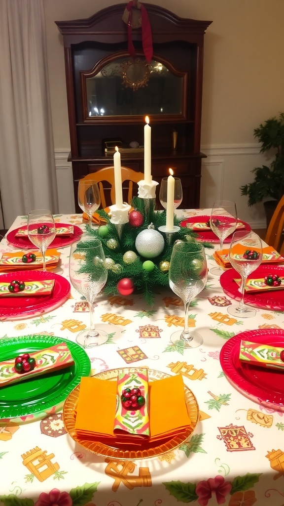 Christmas table setting with plastic plates, festive napkins, and a decorative centerpiece.